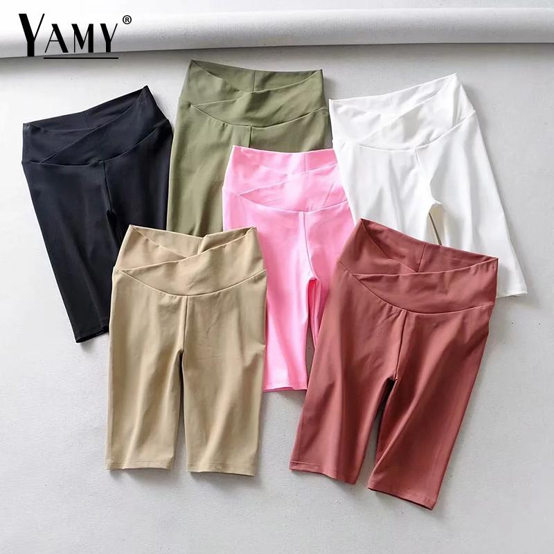 

2020 Summer Vintage Cotton Solid black shorts Women chic fold high waist shorts female casual Yoga Skinny Biker Korean, Pink