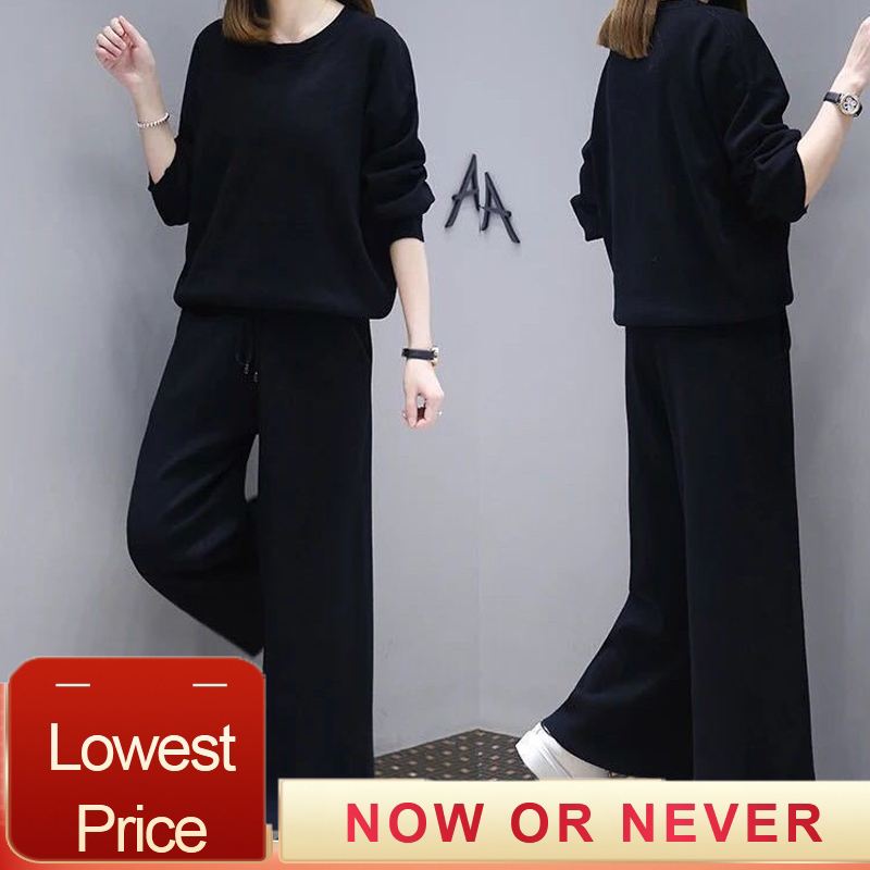 

4XL conjunto mujer Fashion tops+wide leg pants 2 pieces pantalon chandal mujer Plus size black color women winter clothing set