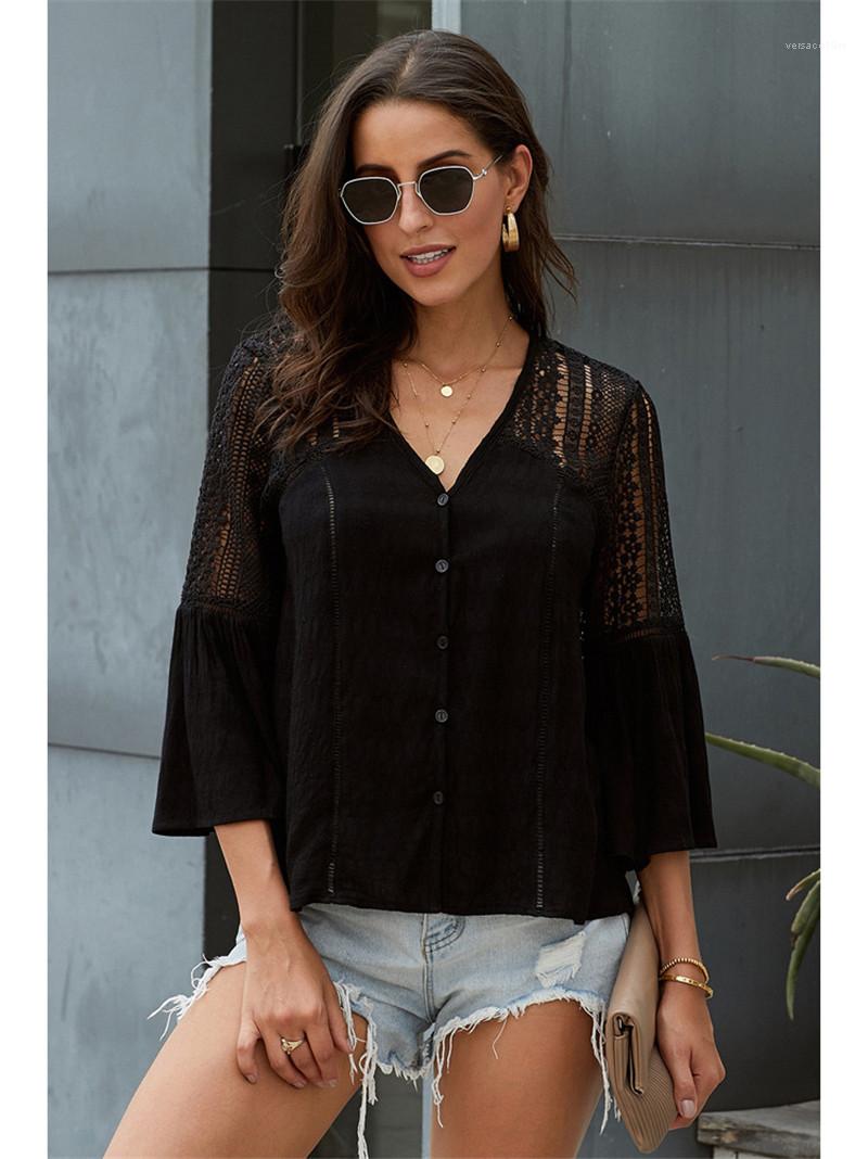 

shirts Summer V-Neck Long Sleeve Clothes Casual Ladies Print Tees Fashion Womens Lace