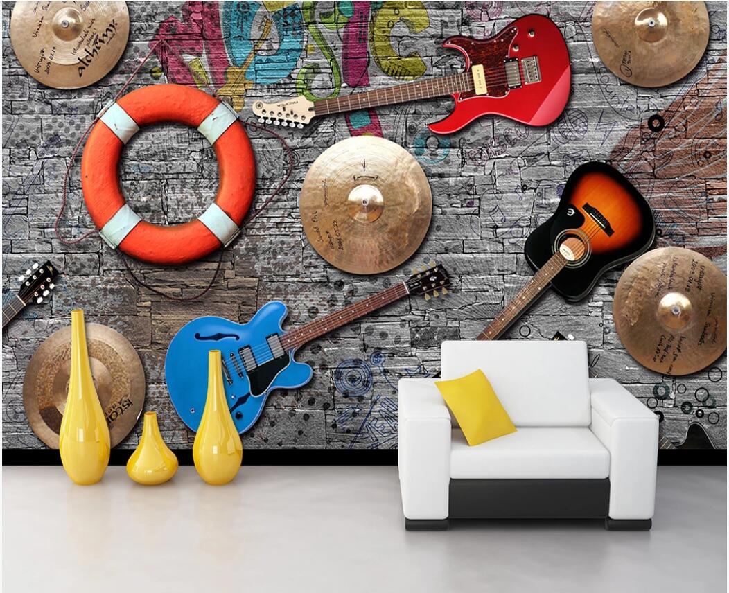 

3d room wallpaer custom photo murals Music fashion bar KTV guitar stone wall brick background wall wallpaper for walls 3d, Non-woven