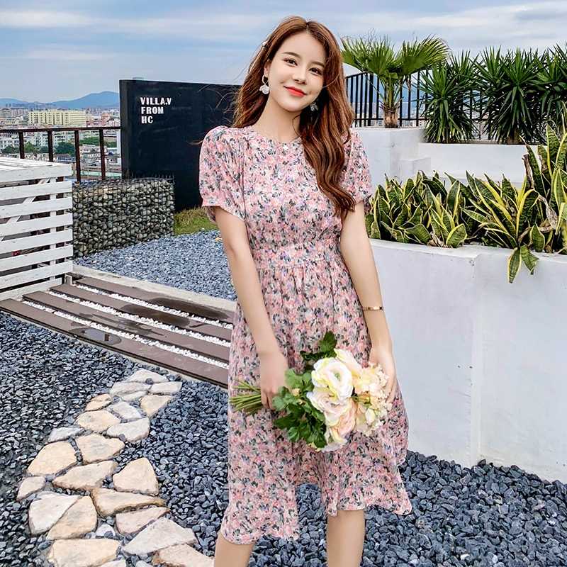 

Mozuleva 2020 New Summer Colorful Flower Print Women Short-Sleeve Chiffon Dress Female O-neck Party Holiday Dress Bohe Vestidos, Pink