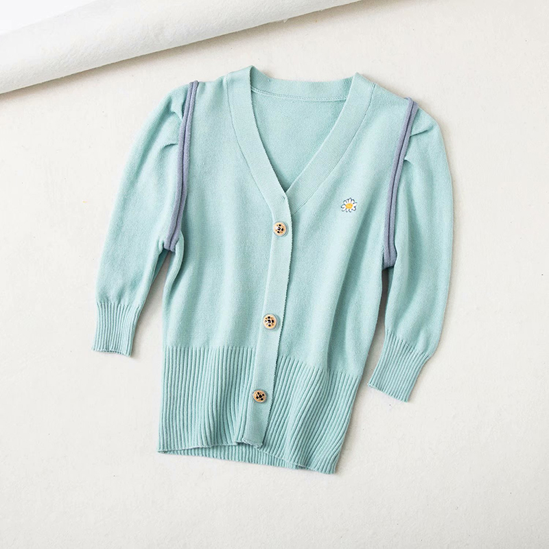 

2020 Summer Retro Knitting Sweater Embroidery Cardigan Woman V neck Tops Puff Sleeves Jumper Mujer Knitted Knitwear, Purple