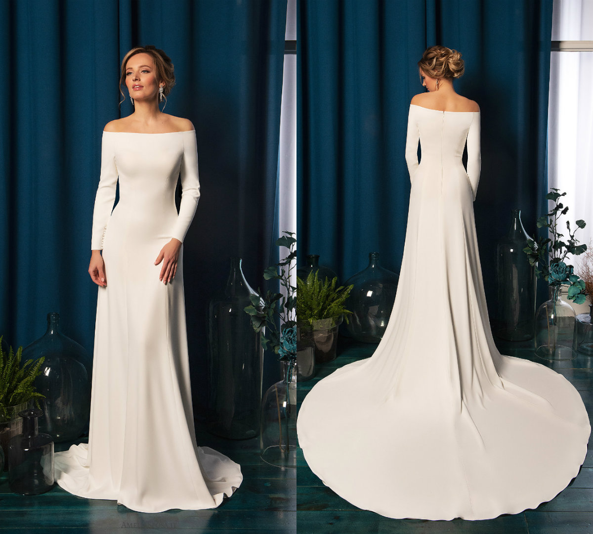 

2019 Modest Wedding Dresses Off The Shoulder Satin Long Sleeves Country Bridal Gowns Sweep Train Plus Size Mermaid Wedding Dress, Same as image