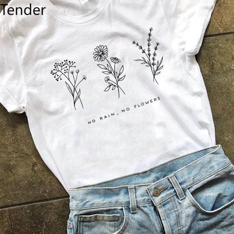 

2020 Harajuku No Rain No Flowers T Shirt Women graphic Garden Farm T-shirt white tops plus size Tee In Girls Ladies Clothing