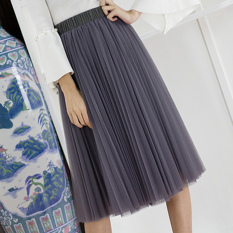 

SETWIGG High Waist Puff 3-Layer Mesh Pleated A-line Midi Skirts Sweet Vintage Elastic Waist Solid Knee Length Tulle Tutu Skirts, Ivory