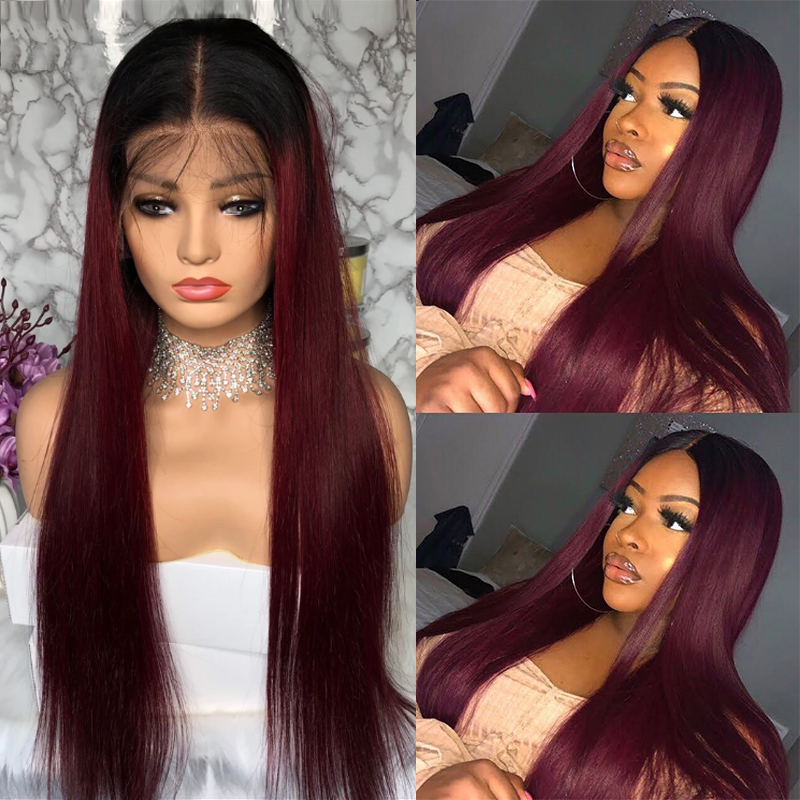

RedWine Brazilian Straight Lace Front Human Hair Wigs SOKU Pre plucked 13x4 Lace Frontal Wigs With Baby Hair 150% Remy Wig, T1b-99j