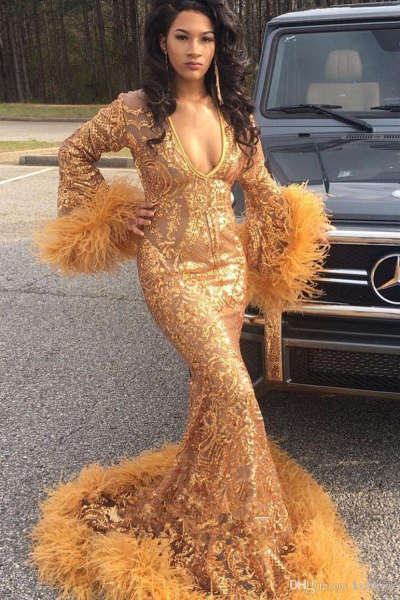 

2019 New feathers evening gowns Long Sleeve V Neck Sequined Formal Mermaid prom dresses Abendkleid African Special Occasion Gowns Plus Size, Red
