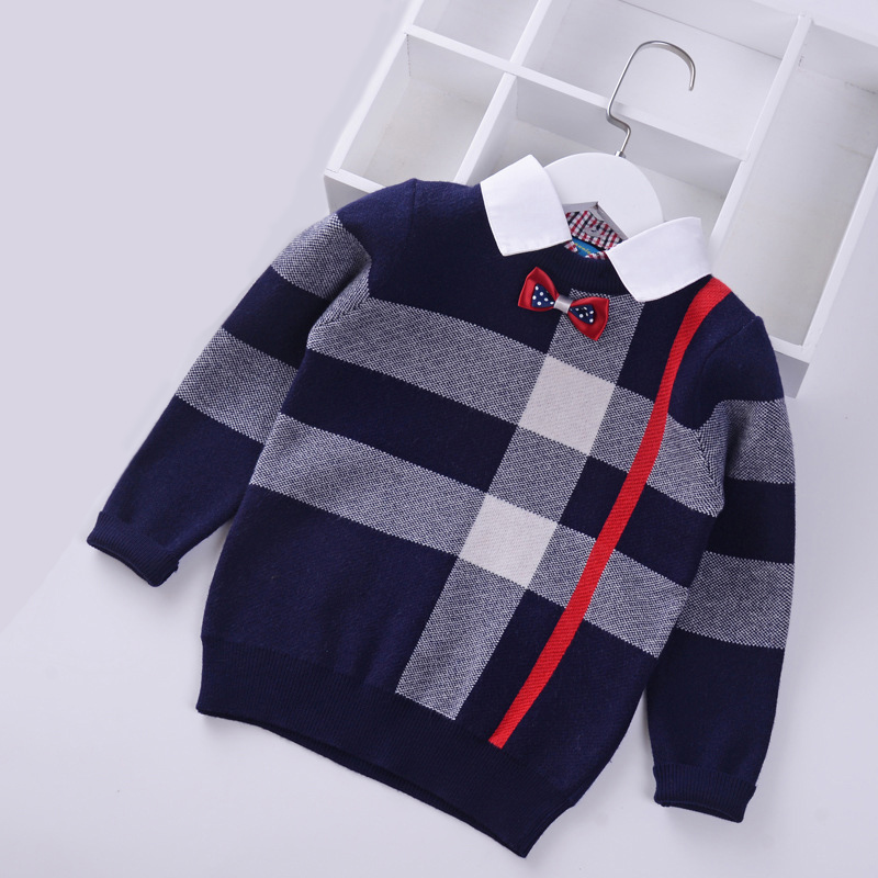 

2019 Shirt collar Boys Sweaters Baby stripe Plaid Pullover Knit Kids Clothes Autumn Winter New Children Sweaters Boy Clothing, Navy