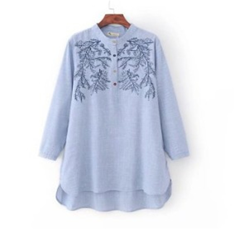 

New blusas feminine plus size women tops art blouse floral embroidery long sleeve shirts dress autumn loose stripe shirts XXXXL, Blue