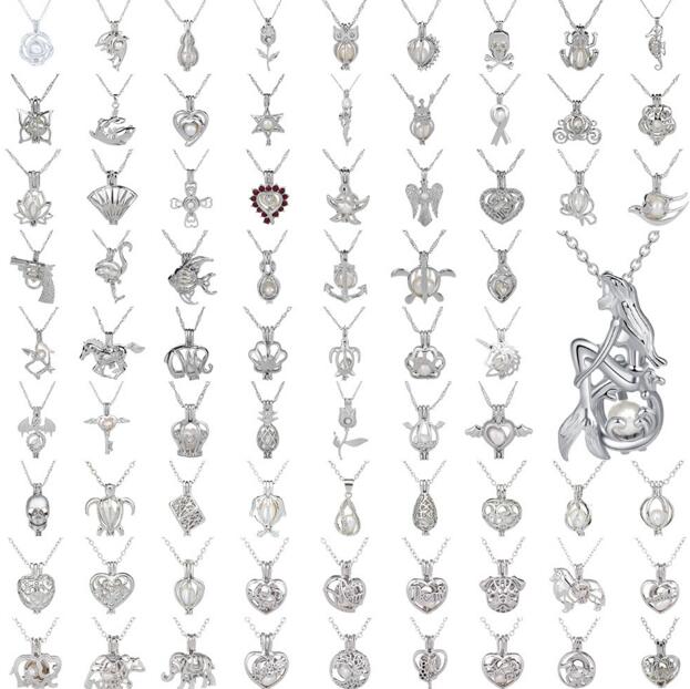 

Pearl Cage Pendant Necklace Love Wish Natural Pearl With Oyster Pearl Mix Design Fashion Hollow Locket Clavicle Chain Diffuser Necklace 50pc, Silver