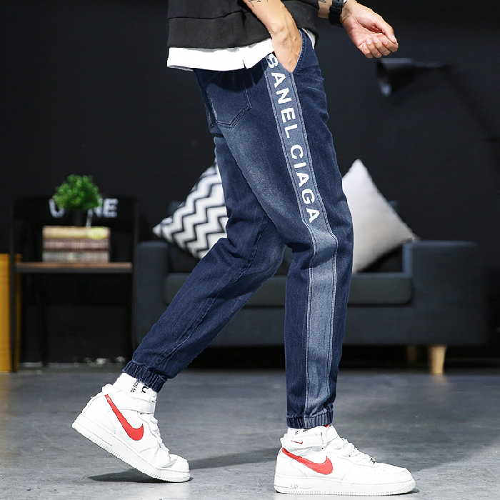 

Autumn High Street Men's Jeans Side Striped Letter Print Straight Street Stretch Denim Men's Pants Slim Pencil Jeans vaqueros ho, As pic