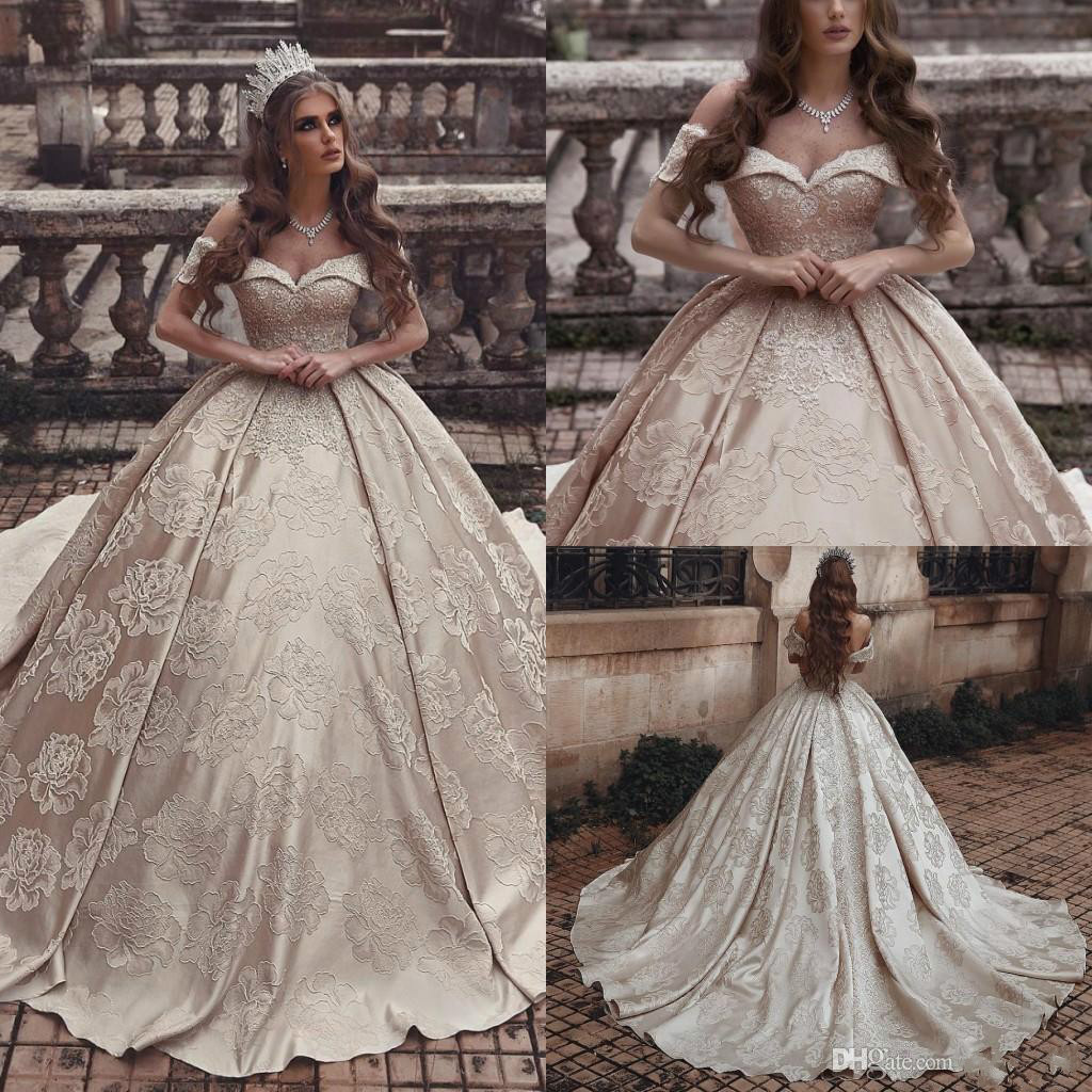 

Dubai Arabic Luxury Champagne Ball Gown Wedding Dresses 3D Lace Print Embroidery Off Shoulder Bridal Gowns Plus Size Wedding Dress, Gray