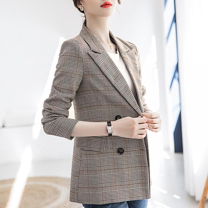 

Vintage Plaid Blazer Women Long Sleeve Suit Jacket Coat Femme Casual Double Breasted Slim Fit Outerwear Female Autumn Winter, Brown