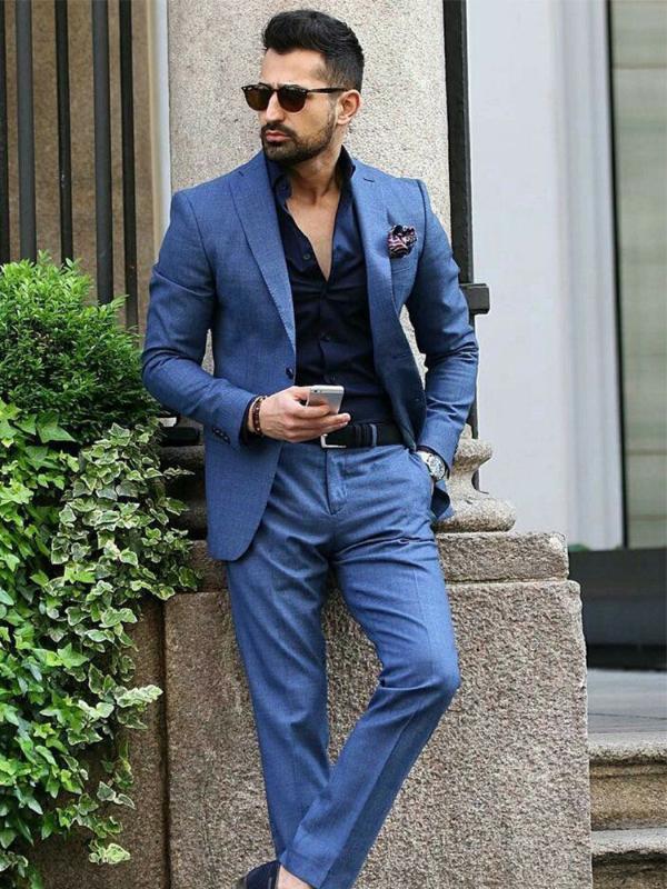 

ANNIEBRITNEY 2 Piece Blue Slim Fit Men Formal Suit Custom Skinny Groom Wedding Tuxedo Slim Fit Prom Wedding Men Suit With Pants