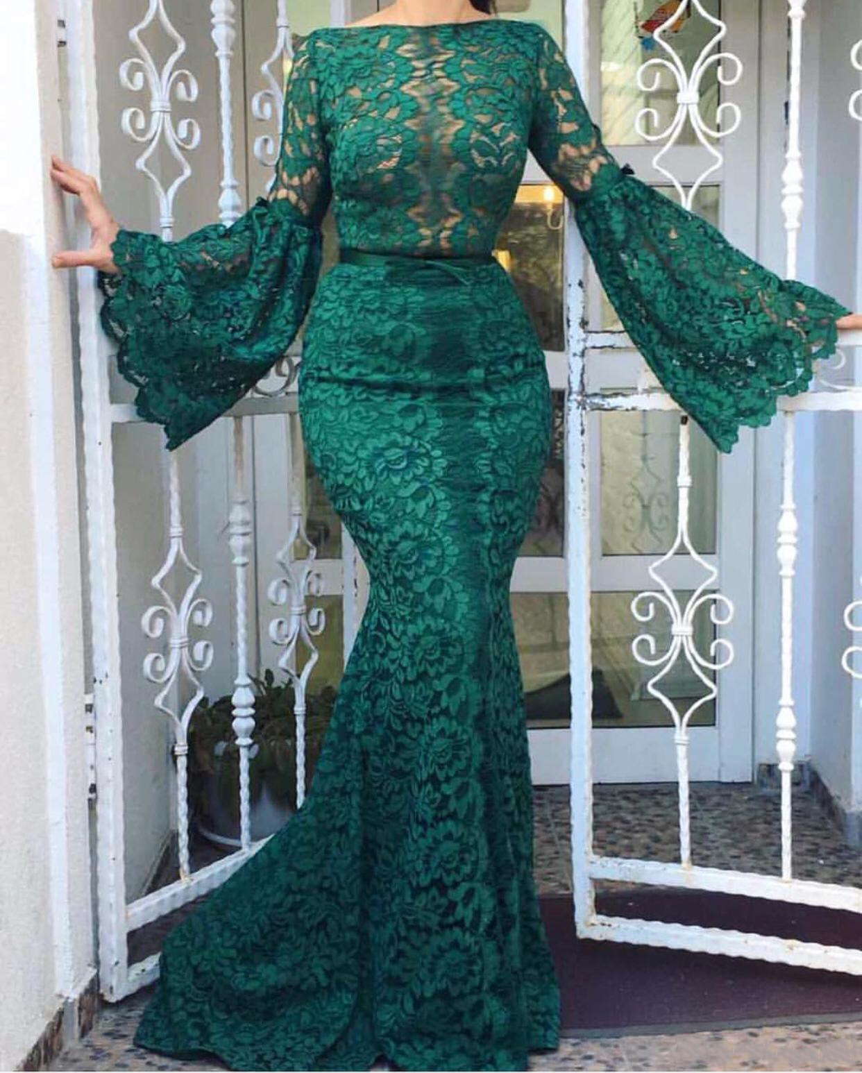 Elegant Lace Mermaid Evening Dresses Flare Long Sleeves Evening Gown Women Formal Prom Dress Vestido De Festa
