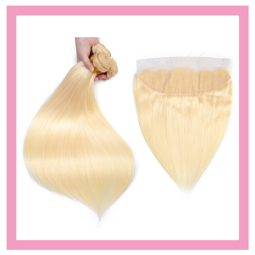 

Indian Virgin Hair 3 Bundles With 13X4 Lace Frontal With Baby Hair Extensions Straight Blonde 613# Color Wholesalae 4 Pieces