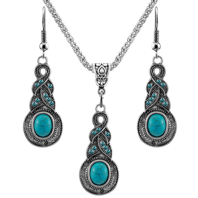

Vintage Turquoise pendant necklace Dangle Drop Earrings Set For women Retro Natural stone 2019 Fashion Jewelry in Bulk, Green