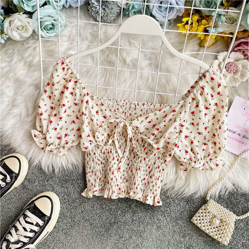 

2020 new fashion women's clothing V-Neck Puff Sleeve Print womens tops and blouses, Beige