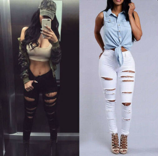 

Women' Skinny Ripped Holes Legging Pants High Waist Stretch Slim Pencil Trousers, Black