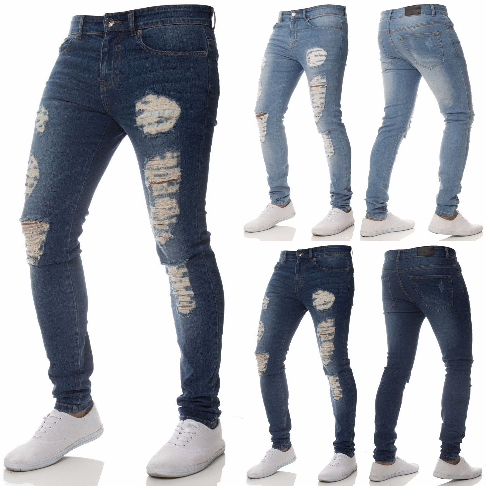 

Trendy Men's Super Skinny Ripped Hole Biker Denim Jeans Blue Black Summer Fashion Moustache Effect Hip Hop Trousers Pants