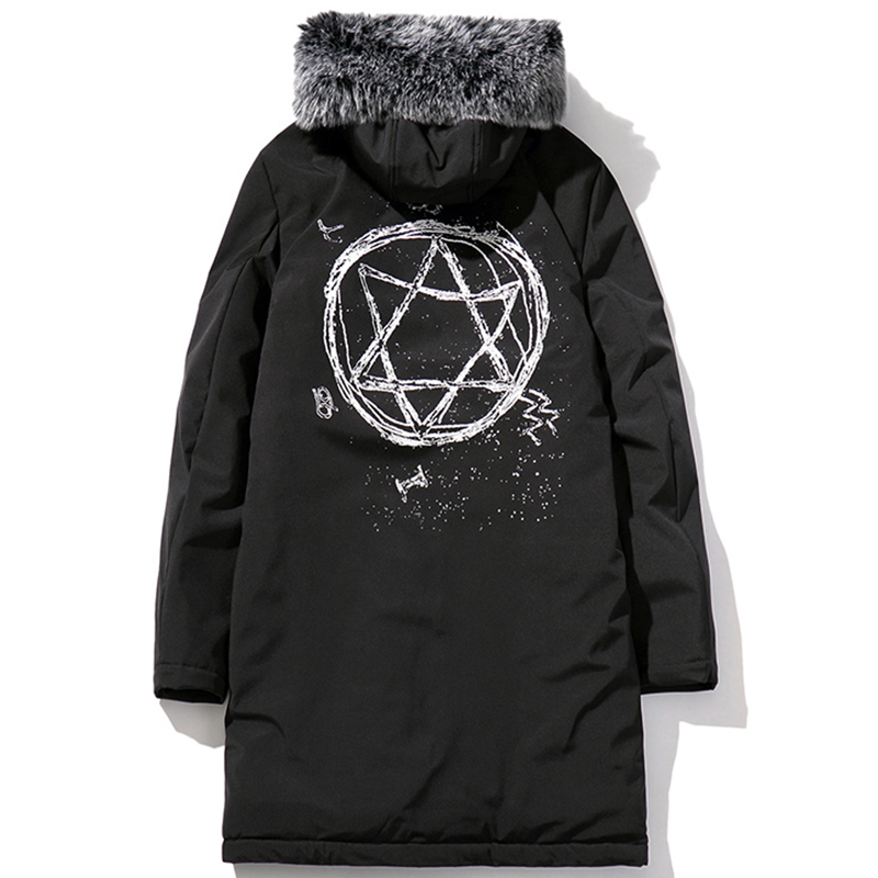 

Hooded Down Jacket Warm Cotton Padded Fur Collar Cargo Parka Drawstring Winter Coat Winter Jacket Men Back Funny Print, Black