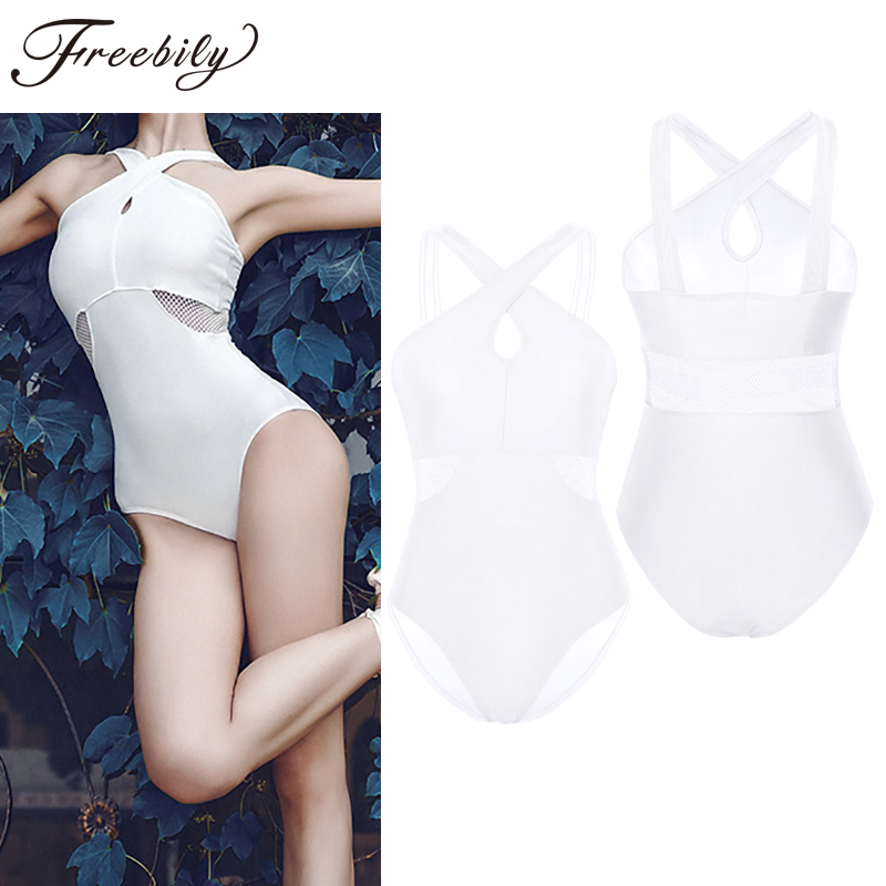 

Women Adult body ballet leotard Sleeveless Front Cross Neck Fishnet Splice Waist Female Ballet Dance Gymnastics Leotard Jumpsuit, White