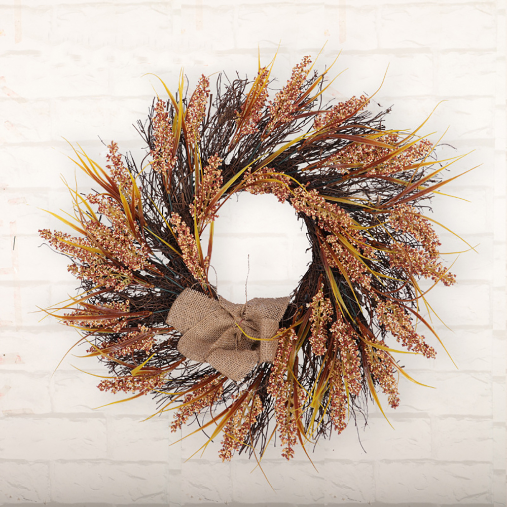 

Round Halloween Christmas Wreath New Handmade Wheat Grain Harvest Rattan Circle Christmas Tree Door Decoration Wreath