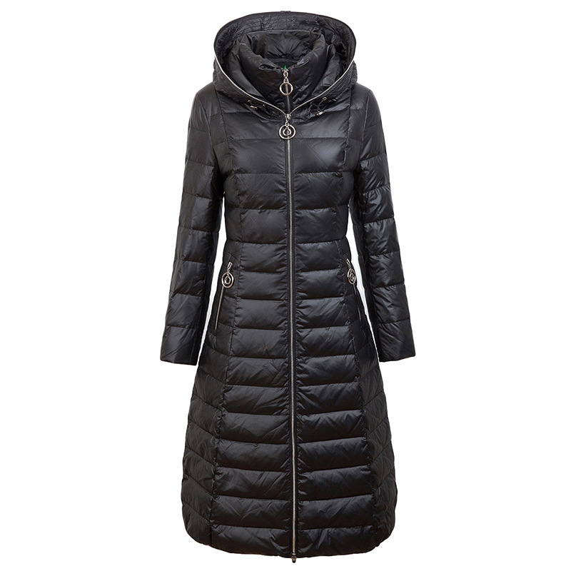 

Winter fashion high-end atmospheric down jacket women' long over knee thick hooded, Black