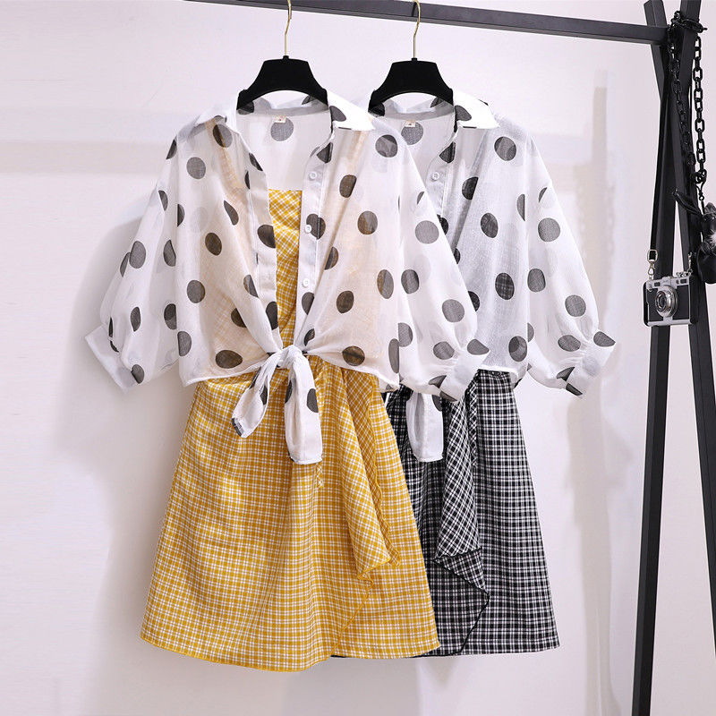 

2020 New Summer Women Long Sleeve Mesh Shirt Top + Sleeveless Sling Plaid Dress Plus Size Set Female Two Piece Suit Outfits Z191, Yellow