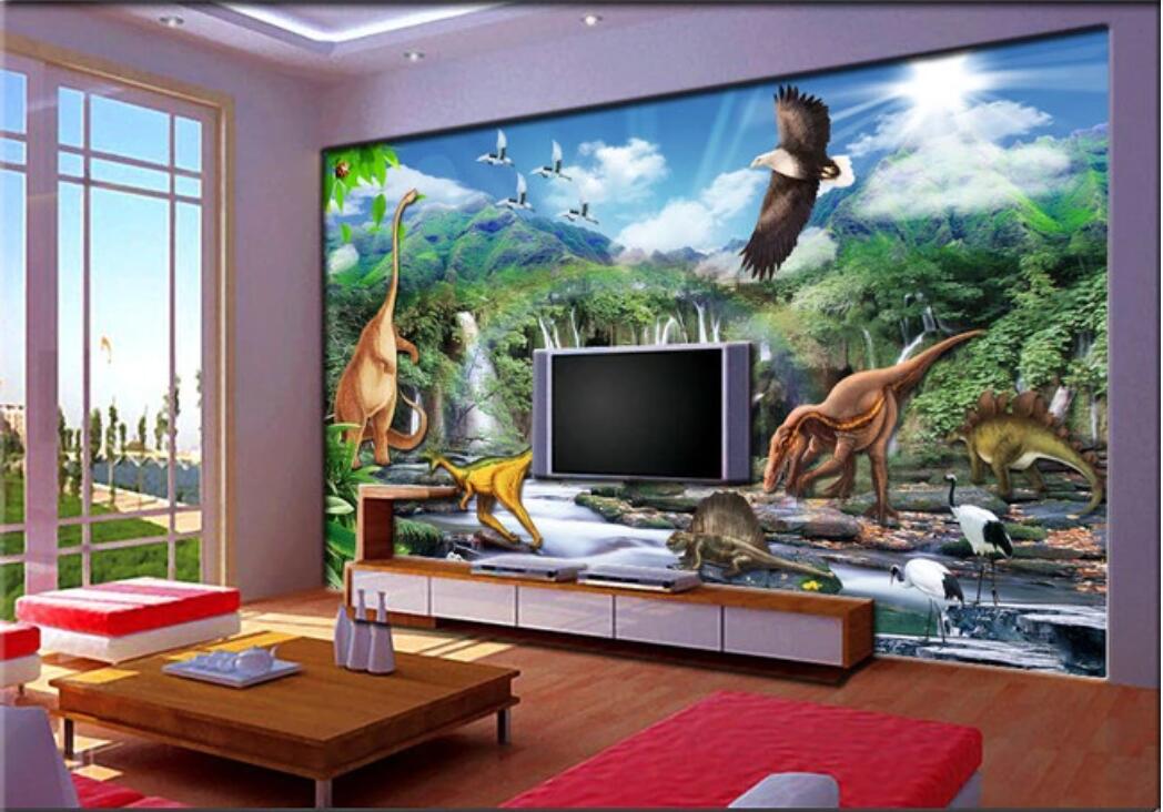 

3d room wallpaer custom photo Hd dinosaur world living room TV wall wallpaper lake mountain landscape 3D background wallpaper for walls 3d, Non-woven