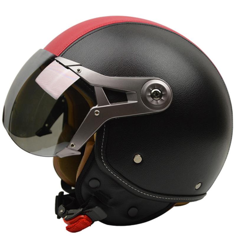 

Portable Motorcycle Helmet Protective Lightweight Universal Half Open Sweat Absorbing Safety Riding Vintage Windproof Shield, Black red
