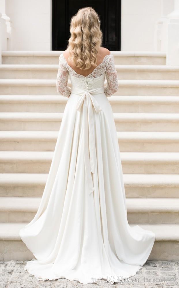 

Bateau Neck Country Bohemian A Line Wedding Dresses Sashes Beach Lace 3/4 Long Sleeves Backless Bridal Gowns Plus Size for Wedding, White