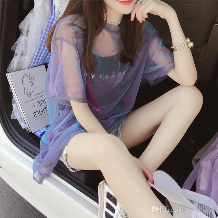 

2020 sexy two-piece women's fashion summer T-shirt loose large size casual letter O-neck mesh Harajuku T-shirt, 1#