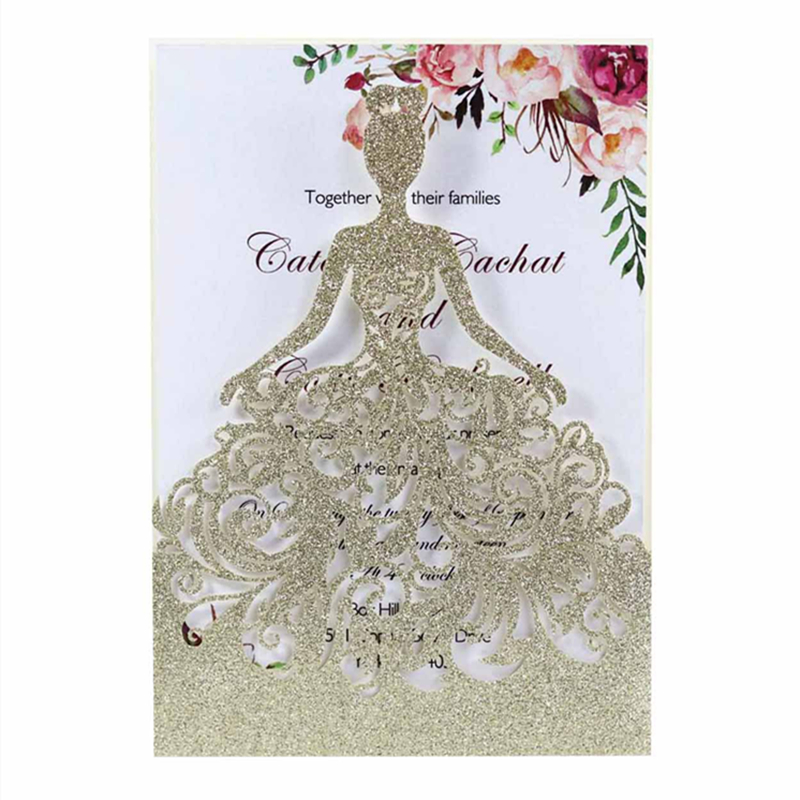 

2021 Wedding Glitter Invitation Cards Laser Hollow Out Rose Pretty Girl Champagne Greeting Card By DHL Hot Selling