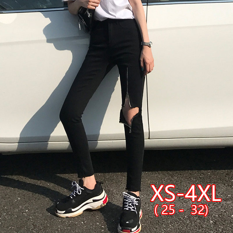 

Jeans Female Black Knee Big Hole Pencil Pants Female Fashion Zipper Decoration 2020