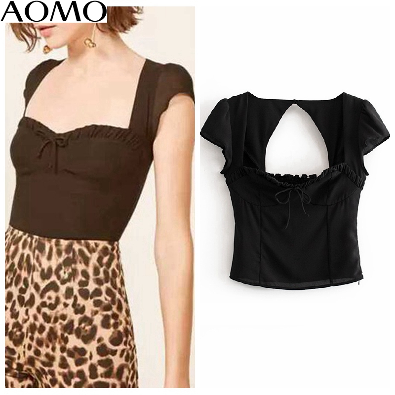 

AOMO casual women retro solid backless crop blouse short sleeve 2020 French style chic female sexy slim shirt tops 1T14A, Black