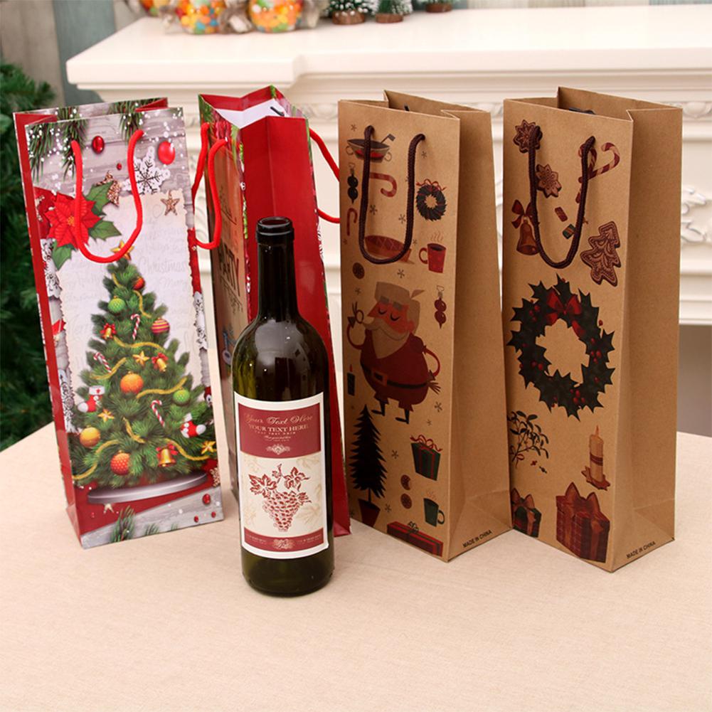 

HobbyLane 12Pcs Christmas Series Printing Kraft Paper Tote Bag for Red Wine Packing 12.5x8x36.5cm Handbag Kraft Paper Bag