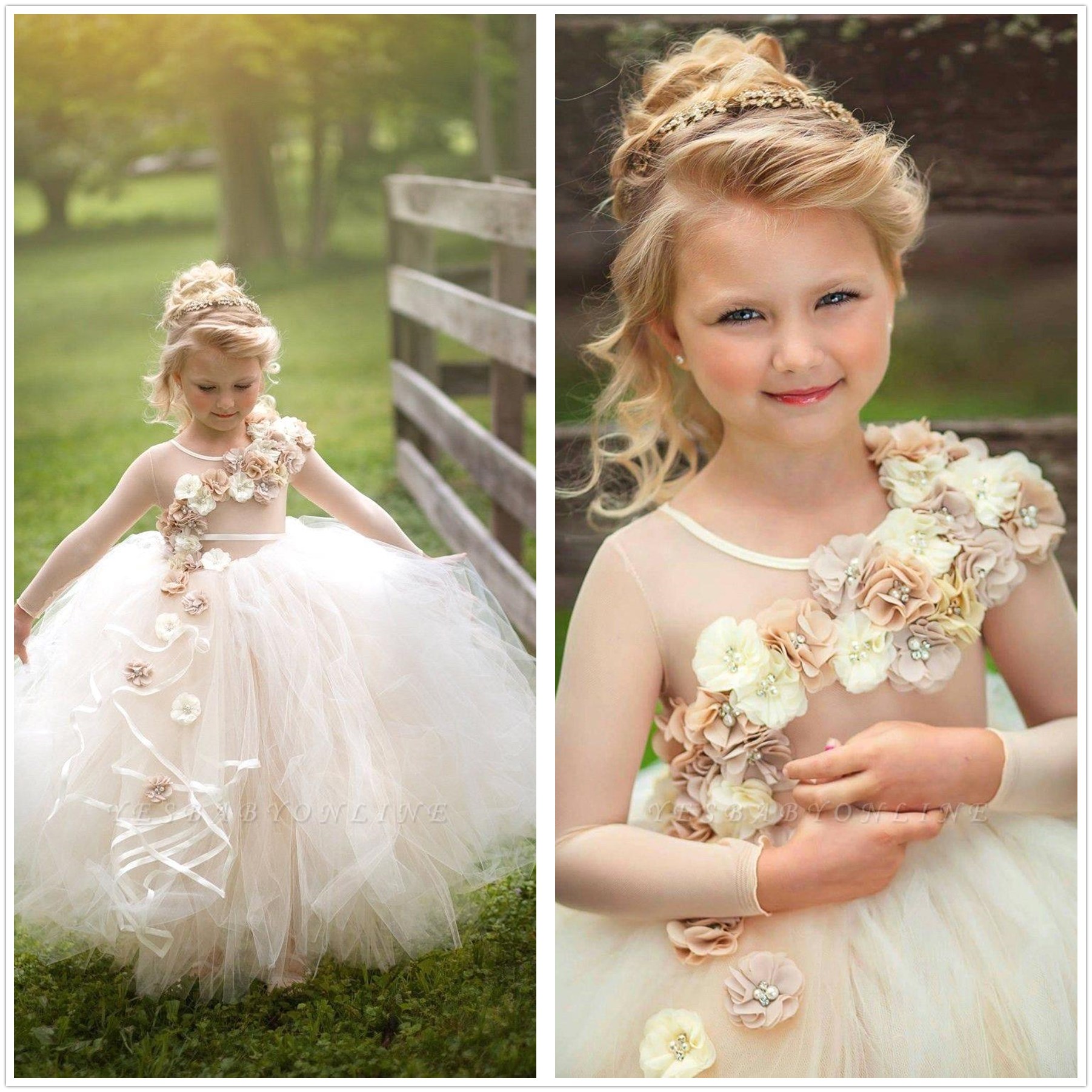 

2020 Cute 3D Floral Beaded Girls Pageant Dresses Children Birthday Holiday High-Low Party Dresses Princess Flower Girl Dresses BC3451, Light yellow