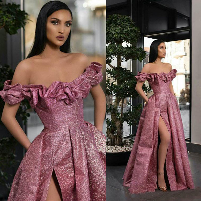 

2019 Beading Split Evening Dresses Rami Salamoun Glitter Off The Shoulder A Line Long Prom Dress Sweep Train Cheap Formal Party Gowns, Lavender