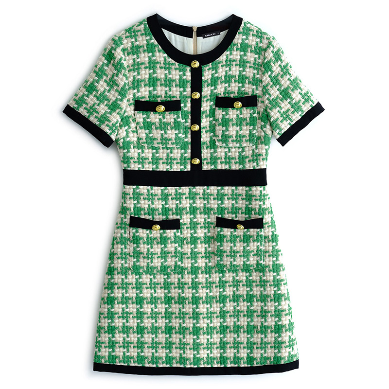 

PERHAPS U green black knitted o-neck Houndstooth button short sleeve empire plaid mini dress summer D2585
