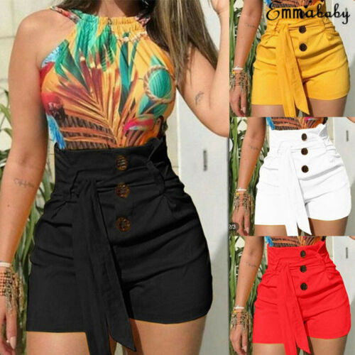 

New Fashion Women Summer High Waist Stretchy Shorts 2019 Casual Solid Bottom Beach Belt Shorts Lady Slim Fitness Short Trousers, Yellow