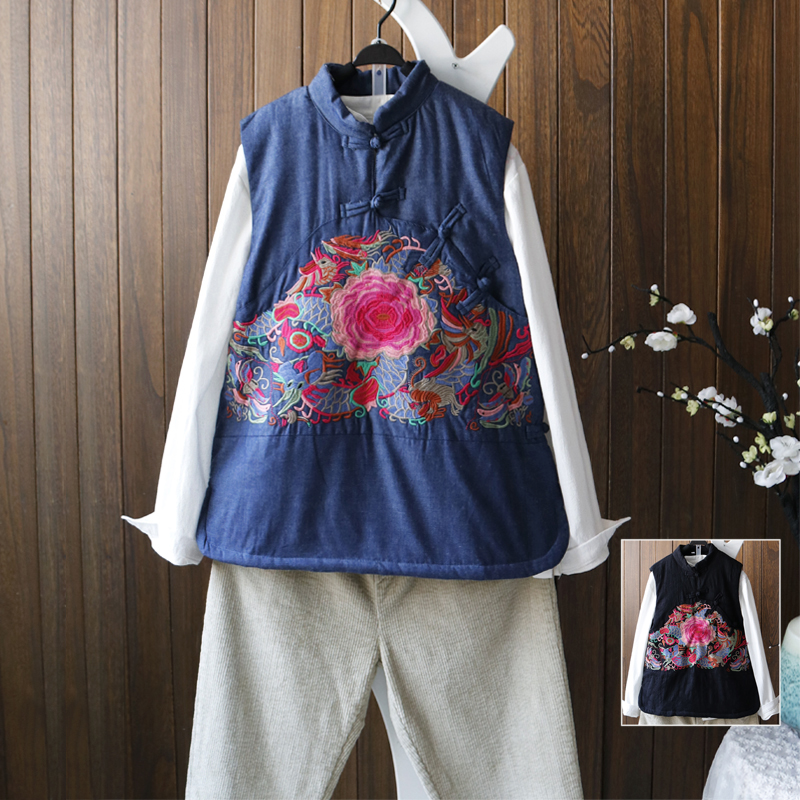 

Chinese Style Vintage Flower Embroidery Vests Mandarin Collar Plate Button Keep Warm Padded Cotton Coats Linen Outwear Black