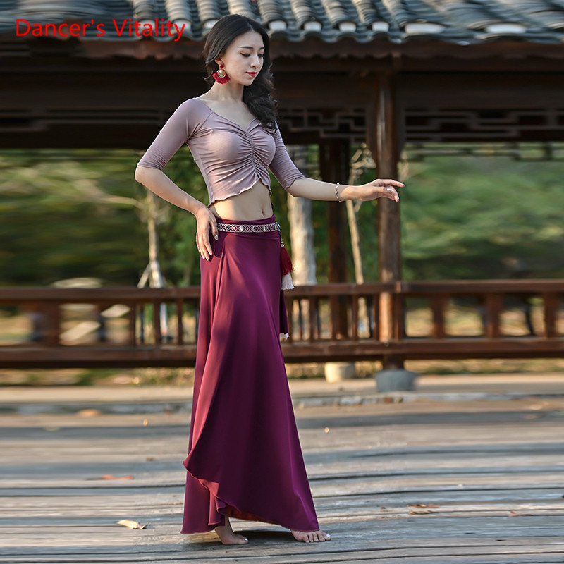 

Plus Size Women Dance Wear Girls Belly Dance Costume Long Skirt V-neck Top Elastic Sparkles Set Top & Skirt