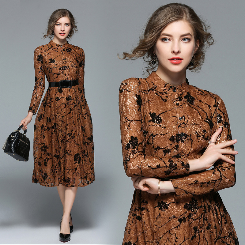 Élégant dentelle à manches longues mince tunique robe mi-longue Vintage Sexy bureau fête mode robe de plage 2019 printemps vêtements Caramel