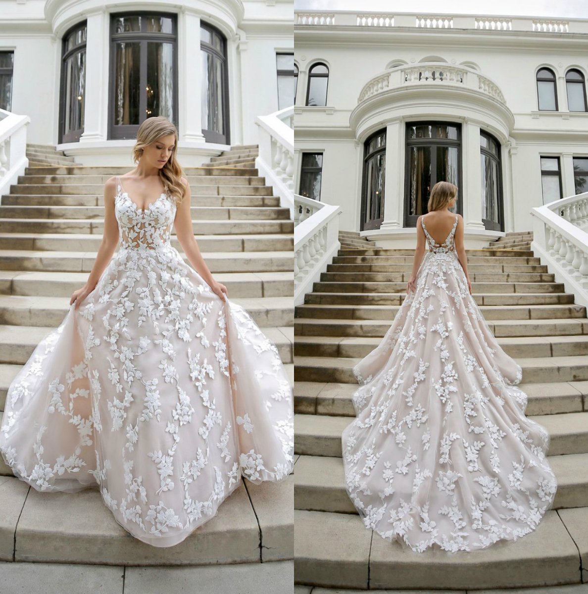 

A Line Blush Pink Wedding Dresses V Neck Lace Appliques Backless Boho Bridal Robes De Mariée Custom Made Sleeveless Beach Wedding Dress, Sage