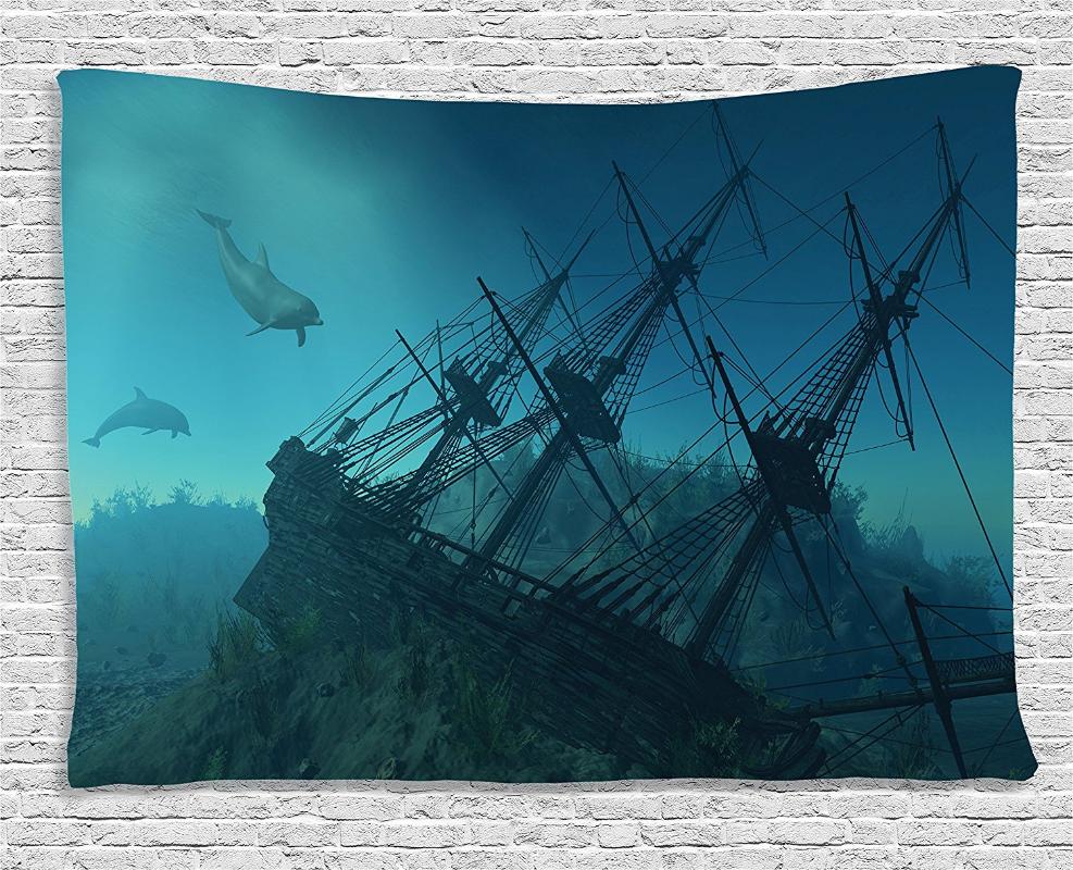 

Ocean Tapestry Nautical Decor Shipwreck Underwater with Dolphins in Ruins of Sunken Ship Mystery Treasure Diving Wall Hanging