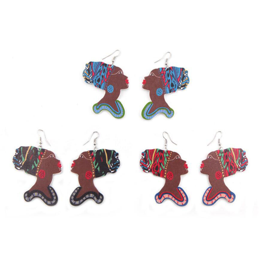 

Ethnic Style African Fashion Jewelry Geometric Dangle Women Head Portrait Printed Wooden Earrings Wood Charm Ear Hook Earring For Women