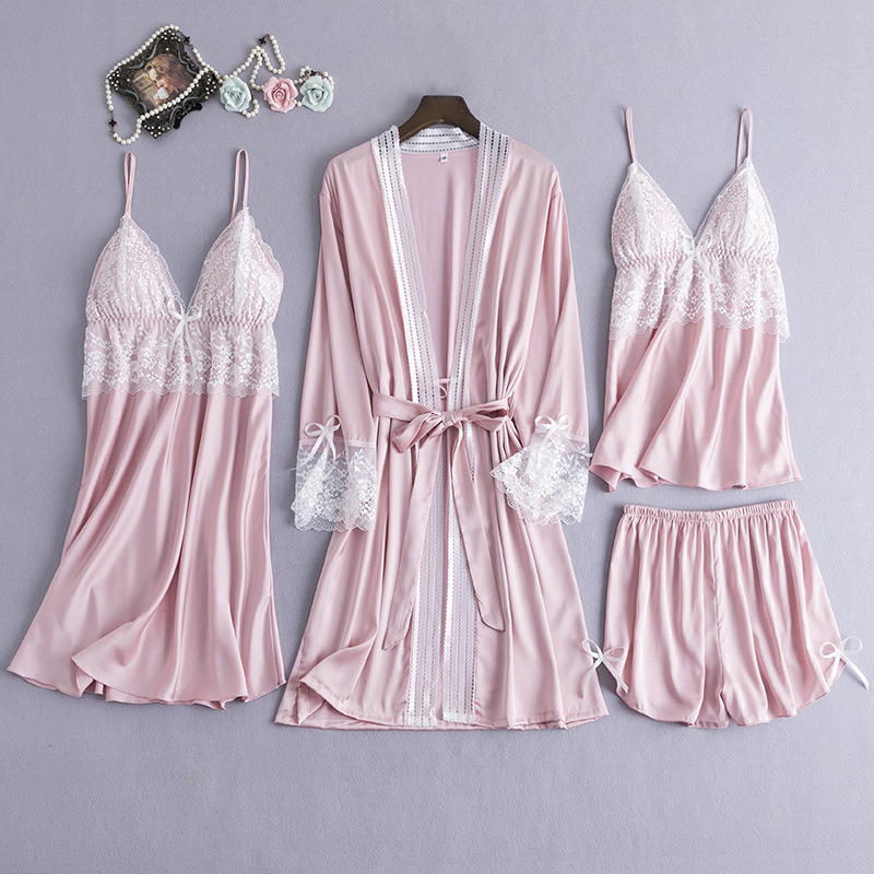 

New hot sale simulation silk nightgown four-piece sexy lace suspenders pajamas nightdress ice silk home service sleep set