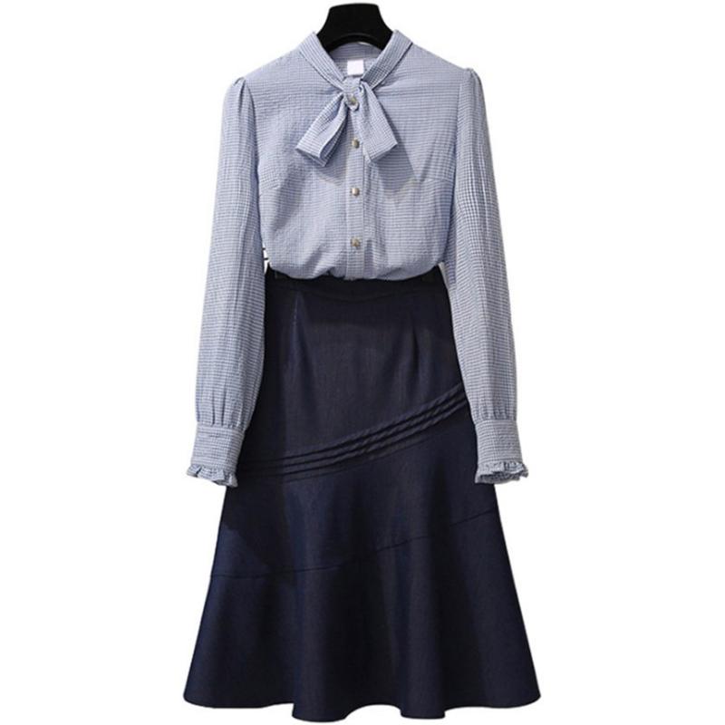 

Two Piece Set Women Skirt Set Spring Summer Elegant Slim Midi Skirts+Striped Long Sleeve Bow Shirt Temperament Blue Outfits Suit, Red-one size
