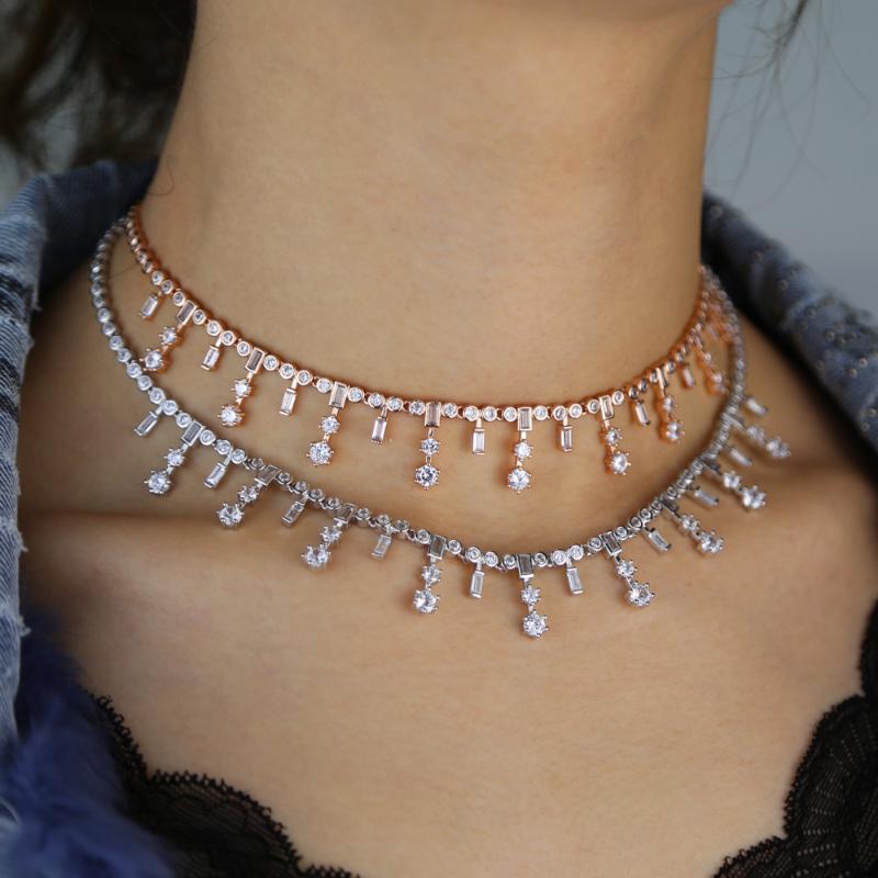 

choker statement wedding tennis choker necklace with baguette cz paved flower charm necklace jewelry for wedding
